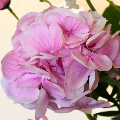Roze kunstbloemen boeket met een close up foto van de roze hortensia zijden bloemen