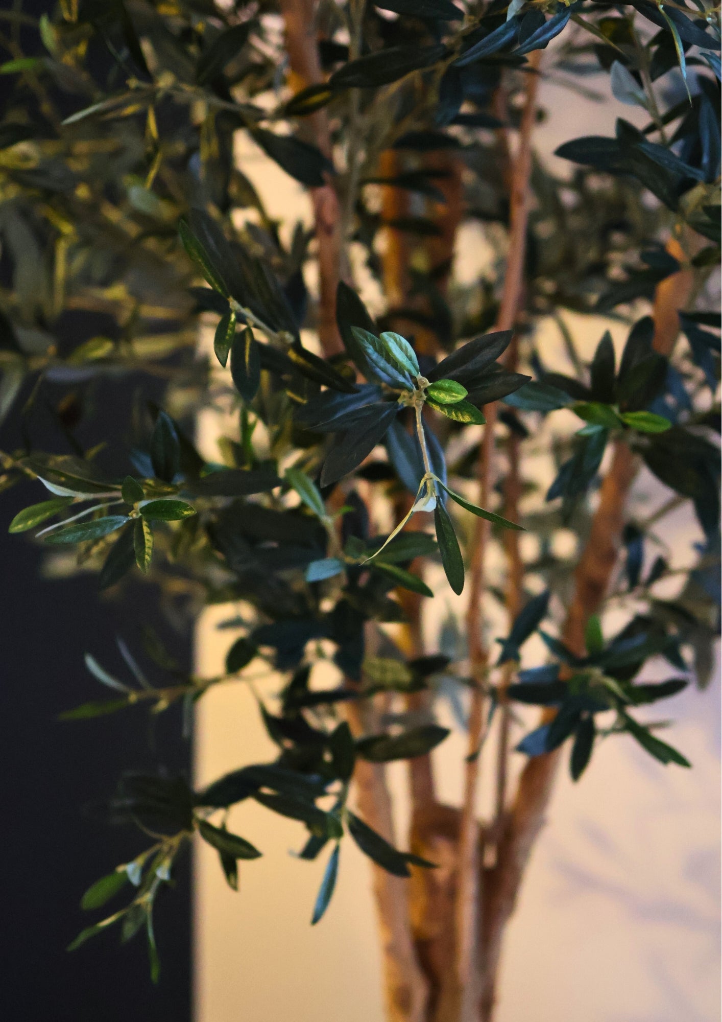 Stijlvolle kunst Olijfboom met Mediterrane charme, perfect voor het toevoegen van een warme, natuurlijke sfeer in je woonkamer of kantoor.